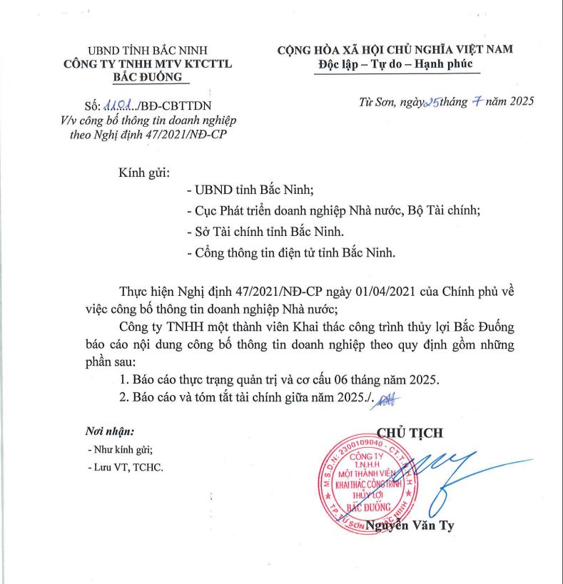 Công bố thông tin doanh nghiệp theo Nghị định 47/2021/NĐ-CP (Ngày 25/7/2025)